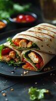 Grilled chicken wraps with fresh vegetables served on a dark plate in a cozy dining setup photo