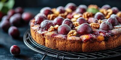 Delicious homemade cherry and walnut cake with a glossy glaze served on a cooling rack photo