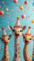 Happy giraffes celebrate with colorful confetti and party hats in a joyful festive atmosphere photo