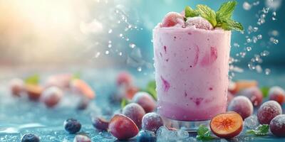 Refreshing berry smoothie served with mint leaves on a chilled blue background photo