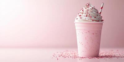 Creamy pink dessert topped with whipped cream and sprinkles in a cup on a soft pastel background photo