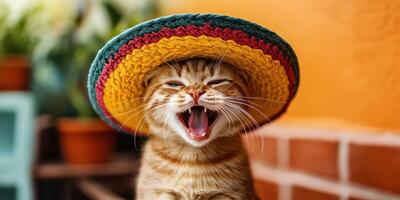 Cute cat wearing a colorful hat enjoys a sunny day in a vibrant outdoor setting photo