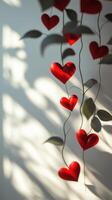 Decorative red hearts hanging from the wall casting shadows in a sunlit room photo