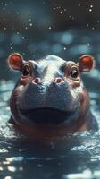 Hippo emerges from sparkling water in a tranquil setting, showcasing the animal's calm demeanor and playful nature during midday photo