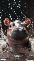 Baby hippo splashes water joyfully in a serene river during warm sunset hours photo