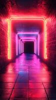 Futuristic corridor illuminated by vibrant neon lights with reflections on glossy floor surface photo