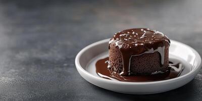 Decadent chocolate dessert with rich sauce on a simple plate in a modern kitchen setting photo