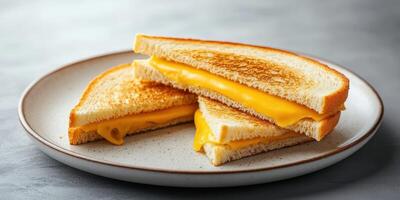 Deliciously melted cheese sandwich served on a plate with a golden crust in a cozy kitchen setting photo