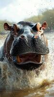 Large hippo charging through water with splashes in natural habitat during daytime photo
