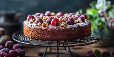 Delicious homemade cake decorated with fresh cherries and walnuts, photographed in a rustic kitchen setting during afternoon light photo