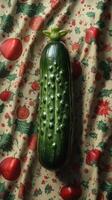 Large cucumber placed on festive tablecloth with red ornaments, symbolizing holiday themes and natural produce photo
