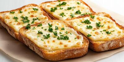 Delicious cheesy toast with parsley served on a light background in a cozy kitchen setting photo
