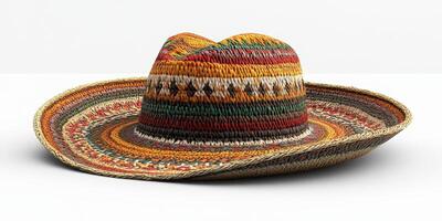 Colorful woven hat displayed on a plain background showcasing intricate patterns and craftsmanship photo