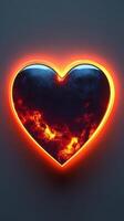 Heart symbol with fiery texture glowing against dark background creates a striking visual effect photo