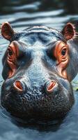 Hippo swimming gracefully in clear water at a lush riverbank during midday sun photo
