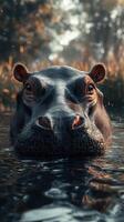 Majestic hippo floats calmly in murky waters surrounded by lush greenery during a serene sunset photo