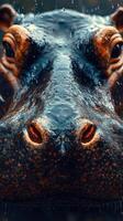 Close-up of a hippo's face with water droplets on its skin during a rainy day in a natural habitat setting photo