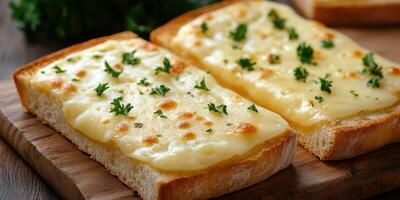 Deliciously golden gourmet cheese toast topped with fresh parsley served on a wooden cutting board photo