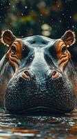 Close view of a hippo in water with splashes during daytime in a natural habitat setting photo