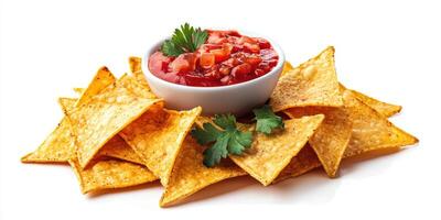 Crispy tortilla chips served with fresh salsa and garnished with cilantro for a delicious snack experience photo