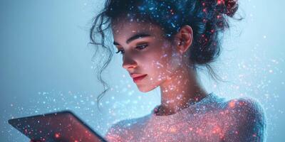 Young woman interacting with a tablet in a futuristic digital environment filled with glowing particles photo
