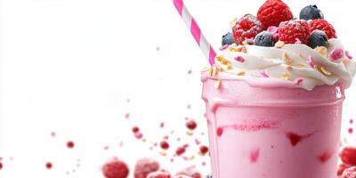 Delicious pink dessert drink with mixed berries and whipped cream served during a warm summer day photo