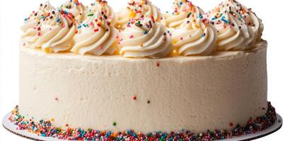 Delicious white frosted cake topped with colorful sprinkles and creamy swirl decoration for a celebration photo
