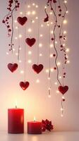 Romantic decoration with hearts, lights, and candles creating a cozy atmosphere for a celebration photo