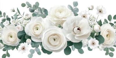 Elegant white floral arrangement featuring ranunculus and greenery in a soft and tranquil setting photo