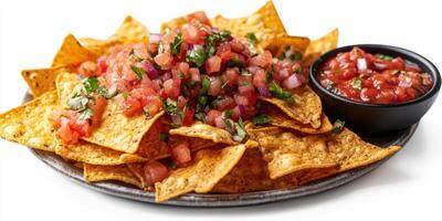 Crunchy tortilla chips topped with fresh salsa and garnished with herbs on a plate photo