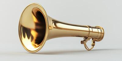 Vintage brass trumpet resting on a neutral background highlighting its polished surface and intricate design details photo