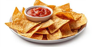 Crunchy tortilla chips served with fresh salsa on a white plate photo