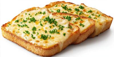 Delicious cheese toast garnished with fresh herbs served on a white surface photo