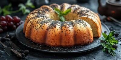 Delicious bundt cake with poppy seeds and mint leaves served on a dark slate plate photo