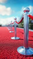 Red carpet event showcasing elegant ropes and stanchions under a bright blue sky during a sunny day photo