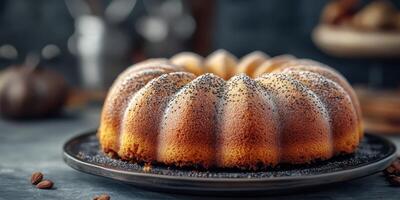 Gourmet bundt cake with poppy seeds displayed elegantly on a dark plate in a cozy kitchen setting photo