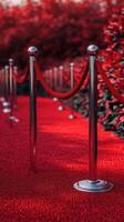 Red carpet lined with polished stanchions and ropes in a lush outdoor setting during daylight photo