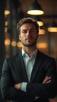Confident young professional posing in a stylish interior with warm lighting during evening hours photo