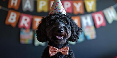 Dog celebrates birthday wearing party hat and bow tie in festive setting with colorful decorations photo