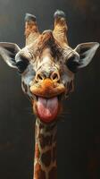 Giraffe sticking out its tongue while posing against a dark background in a wildlife conservation setting photo