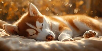 Sleeping husky puppy basking in golden sunlight on a cozy blanket in a peaceful indoor setting photo