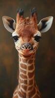 Young giraffe standing elegantly with expressive eyes in a serene environment, showcasing unique patterns and charm photo