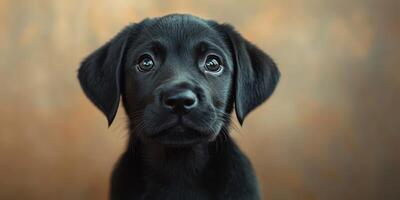 Black puppy with curious expression sitting against a warm, blurred background in a cozy indoor setting photo