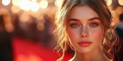 Portrait of a young woman with striking features at a lively outdoor event during sunset photo