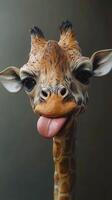 Giraffe sticking out its tongue in a playful expression against a muted background photo