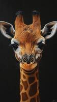 Giraffe portrait showcasing detailed features against a dark background in a close-up view photo