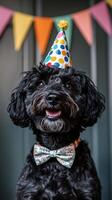 Happy dog celebrates with colorful party hat and bow tie at a joyful gathering photo