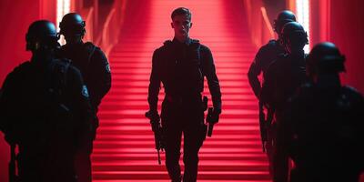 Action-packed moment featuring a lone figure confidently walking amidst a group of tactical officers in a dramatic setting photo