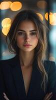 Young woman with striking features poses confidently in a softly lit urban setting during evening hours photo
