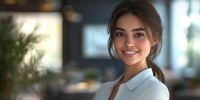 Woman smiling warmly in a modern cafe during daytime with natural light streaming through the windows photo